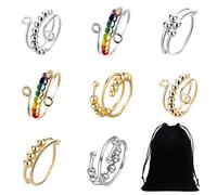 8 Anillos para Aliviar el Estrés - Dividido Ajustable con Cuentas, Antiestrés, Giratorio - 1 Bolsa de Almacenamiento para Decoración y Alivio de la Ansiedad - Mujeres y Niñas