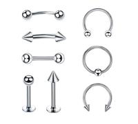 8 barras de acero quirúrgico de plata de 16 g, curvadas, con forma de herradura, pico, ojos de serpiente, lengua, pezón, vientre, ceja, nariz, tragus, cartílago, boca, piercing, joyería para mujeres y