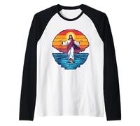 8-bit Jesús Caminando sobre el Agua Pixel Art Retro Christian Gamer Camiseta Manga Raglan