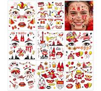 8 Blatt Gesichtstattoo Kölner Karneval Kostüm Damen Herren Gesicht Aufkleber, Klebetattoos Kölle Alaaf Rot Weiss Herz Clown Face Fake Tattoos, Erwachsene Faschingskostüme Schminke Accessoires