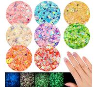 8 colores de rodajas luminosas de arcilla con encantos, VEINARDYL 3D rebanadas de arte para uñas con temática de frutas, flores y mariposas que brillan en la oscuridad con imitación de perlas y