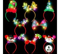 8 diademas de Navidad iluminadas, luces LED para la cabeza de Navidad, sombrero de Papá Noel, cuernos de reno, árbol, duende, sombrero de lazo, regalos a granel para adultos y niños, regalos de fiesta