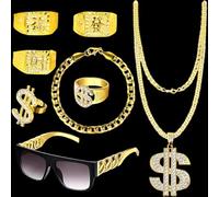 8 Disfraz de Proxeneta para Hombre, Atuendo de Los 80 90, Disfraz de Rapero Hip Hop Gafas de Sol de Gánster con Cadena Dorada, Anillo de Cadena de Dólar Dorado, Anillos Hanzi para Carnaval Halloween