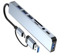 8 en 2 USB 3.0 USB C estación de acoplamiento de transmisión de velocidad de 5 Gbps divisor USB tipo C a USB 3.0 adaptador para lector de tarjetas de ordenador portátil, adaptador de concentrador USB
