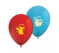 Procos 98396 Globos Pokemon, 8 unidades, diámetro 21 cm, impresos, rojo, azul, globos de látex, cumpleaños, decoración