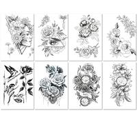 8 Hojas Conjunto De Tatuajes Temporales Impermeables Con Diseño Floral Pintado A Mano En Negro