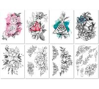 8 Hojas Conjunto De Tatuajes Temporales Impermeables Con Diseño Floral Pintado A Mano En Negro