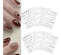 8 Hojas de Pegatinas para Uñas en Plata Metalizada 3D, Calcomanías para Uñas con Diseño de Sol Luna Estrellas Corazón y Mariposa, Pegatinas Decorativas Plateadas para Manicura, Suministros para Uñas