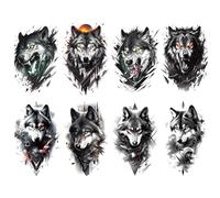 8 hojas de tatuajes semipermanentes de lobo de medio brazo, animales, pegatinas de tótem falsas impermeables, tatuajes de larga duración