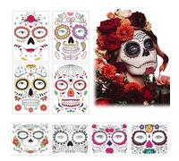 8 Hojas Tatuaje De La Cara De Halloween Tatuaje Temporal De La Cara, Día De Maquillaje Muerto, Terror Cráneo Muerto Sonrisa Payaso Esqueleto Pegatina Para Adultos Niños Halloween Maquillaje
