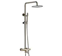 8 Inch Rain Shower System Brushed Gold Shower Faucet Set Brass Wall Mounted Shower Combo Set Dual Handle Rain Mixer Shower with Round Shower Head, Handheld Shower, Tub Faucet