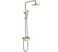 8 Inch Rain Shower System Brushed Gold Shower Faucet Set Brass Wall Mounted Shower Combo Set Single Handle Rain Mixer Shower with Shower Head, 3 Mode Handheld Shower, Rotatable Tub Spout