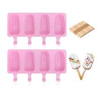 8 Pack Moldes de Helado, Juego de Moldes para Polos, Molde Helado de Silicona 4 Cavidades, DIY Popsicle Mold, Sin BPA, Niños Postre Chocolate Gelatina Bricolaje, con 100 unids Palos de Madera（rosa）
