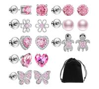 8 pares de pendientes de diamante rosa para niños, pendientes personalizados hipoalergénicos, pendientes adecuados para niñas, flores lindas, mariposas, Cuero