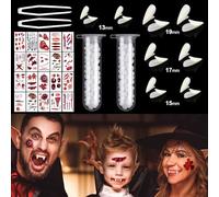 8 Pares Dientes de Vampiro Colmillos Vampiros 4 Tamaños Dientes Falsos Horror para Accesorios de Fiesta Disfraz Favores de Halloween con 2 Pellets Diente 20 Tatuajes Temporales de Cicatriz Halloween