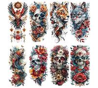 8 Pegatinas De Tatuajes Temporales Con Forma De Calavera De Águila Y Pez Para Brazos Y Piernas.