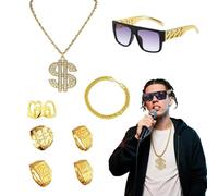 8 Piezas Accesorios para Raperos, Disfraz de Rapero de Los 80, Conjunto Disfraces Hip Hop, Punk, para Fiestas TemáTicas De Cosplay Carnaval, Kit de Disfraz de Hip Hop, Anillo de Dólar, Collar de Dólar