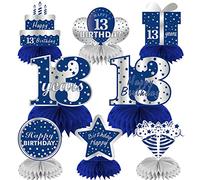 8 piezas de decoración de cumpleaños 13 piezas de centro de mesa para niño, color azul plateado feliz 13 años de edad, decoración de centro de nido de abeja, decoración de trece cumpleaños