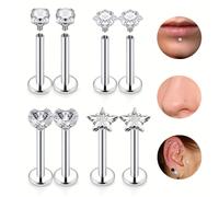 8 piezas de labretes transparentes con CZ, forma de amor/estrella/cuadrado/, aros de , aros de nariz, de acero inoxidable, conchas, aretes de cartílago, joyería de piercing para mujeres y hombres