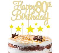 8 Piezas Decoracion Torta 80 Cumpleaños, 1 Happy 80th Birthday Topper y 7 Decoración de Tarta Estrella, Decoracion para Tartas 80 para Cumpleaños 80 Aniversario Productos para Fiestas