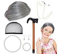 8 Piezas Disfraz Anciano,Peluca Abuela Disfraz,Peluca Abuela,Bastón Inflable para Caminar,Collar De Perlas,Pulsera, Aretes, Anteojos Con Cadena De Anteojos,Kit De Disfraces De Abuelita para Cosplay