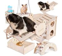 8 piezas DIY hámster juguetes de madera, juguetes para hámster de madera, juguete para masticar hámster de madera con fuente para beber, casa de hámster de madera, juguete para conejillos de indias,