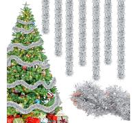 8 Piezas Guirnalda de Oropel Navidad, 16M Espumillón Metálica Brillante, Plata Decoracion Arbol de Navidad Adornos con Estrellas, Plata Brillante Espumillón para Escaleras Chimenea