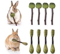 8 Piezas Juguetes para Conejos y Hamster, Juguetes para Morder de Heno Timothy y Palitos de Madera, Accesorios Naturales para Cobayas y Chinchillas, Cuidado Dental para Roedores Pequeños