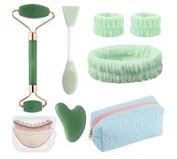 8 Piezas Kit de Masaje Gua Sha para Mujer, Gua Sha Cuarzo Rosa, Rodillo de Masaje, Cepillo Facial de Contorno, Diadema, Bolsa de Maquillaje, Regalos Guasha Facial Jade para Familia, Amigos