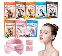 8 Piezas Mascarilla Facial Skincare Mujer,Mascarilla Hidratante de Animales Set,Calmante Curas Faciales con Diadema y Correa de Mano,Belleza Regalos para Mujer