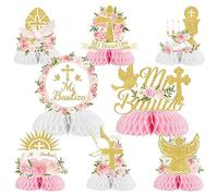 8 piezas Mi Bautizo Bautizo Honeycomb Centerpieces Baby Shower Decoraciones para niñas, flores rosadas Dios bendiga primera comunión decoraciones de mesa