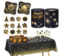 8 Piezas Portavelas Decorativas + 20 servilletas de Nochevieja + 300 Confeti + 12 Decoración Copas Vino + 1 Mantel, Decoración de Año Nuevo 2026 para Fiesta de Víspera Año