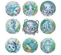 8 Piezas Posavasos Originales,Posavasos de Pintura Diamantes con Soporte | Pulpo Azul Para Decoración la Vida en el Hogar e Bebidas de Bar,como Actividades Manuales, Tazas,Manualidades Adultos