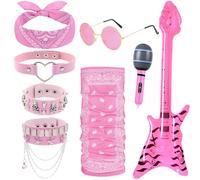 8 piezas Rosa Rocker Disfraz Punk Gothic Fancy Dress Kit con Bajo Hinchable Micrófono Pulseras Collar Gafas Bandana Máscara Rockstar Heavy Metal Accesorios para Mujeres Cosplay Carnaval Fiesta, Rosa.,