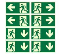 8 Piezas Señal Evacuación Salida 30 x 15 cm, Salida de Emergencia, Película Reflectante Hecha de Polietileno, Izquierda, Derecha e Fondo, Salida adhesivo para Hoteles, Escuelas, Edificios de Oficinas