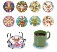 8 Posavasos de Arte de Diamante de Navidad con Soporte, Bandeja de Servir, Posavasos 5D, Pintura de Diamante para Tazas, Copas de Vino, jarrones y Cocina en casa, Posavasos