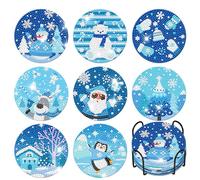 8 posavasos de pintura de diamantes, pintura de diamantes para adultos con posavasos, posavasos para manualidades, hielo y reino de nieve, Papá Noel, alce, pingüino, muñeco de nieve, Navidad