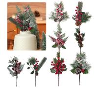 8 ramas de abeto artificiales, pequeñas bayas rojas artificiales, decoración de Navidad, ramas de abeto, decoración de mesa, Navidad, muérdago, flores secas, ramas decorativas de Navidad