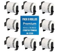 8 Rollos de Etiquetas DK22205 compatible con Brother QL - Cinta Continua de Papel Térmico 62mm x 30.48metros para Impresoras QL-500 550 570 700 710W 720NW 800 810W 820NW