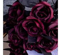 8 rosas artificiales, rosas negras que no se decoloran, flores de seda falsas de un solo tallo, flores realistas para bricolaje, hogar, oficina, ramo de boda, decoración de Halloween (rojo vino)