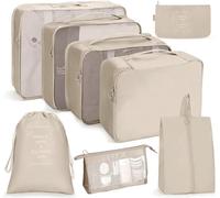 8 Set Organizador maleta, Packing Cubes Compression, bolsas organizadoras maleta,Impermeable Organizador de Maleta Bolsa para Ropa Sucia de Viaje（Beige）