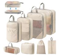 8 Sets Compresión Organizador Maleta, Ultraligero Extensible Bolsas Organizadoras Viaje, Organizador Maleta Viaje para Cosméticos, Ropa, Zapatos, Almacenamiento en Casa (Beige)