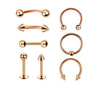 8 unidades de mancuernas de acero quirúrgico 16G de plata quirúrgica rectas, curvas, herraduras, ojos de serpiente, lengua, pezón, vientre, ceja, nariz, pendientes, cartílago, boca, piercing de oreja,