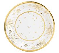 8 Unidades - Platos Desechables Postre Cartón de Ø 18 cm con Temática Navideña y Diseño de Copo de Nieve oro. Platos Biodegradables Navidad, 100% Reciclables. Perfectos Celebraciones y Eventos.