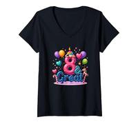 8 y Gran celebración de cumpleaños para los Amantes de los Unicornios mágicos Camiseta Cuello V, Mujer, Negro, L