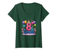 8 y Gran celebración de cumpleaños para los Amantes de los Unicornios mágicos Camiseta Cuello V, Mujer, Verde Bosque, XL