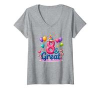 8 y Gran celebración de cumpleaños para los Amantes de los Unicornios mágicos Camiseta Cuello V, Mujer, Gris Jaspeado, XXL