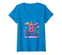 8 y Gran celebración de cumpleaños para los Amantes de los Unicornios mágicos Camiseta Cuello V, Mujer, Zafiro, M