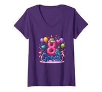 8 y Gran celebración de cumpleaños para los Amantes de los Unicornios mágicos Camiseta Cuello V, Mujer, Morado, S
