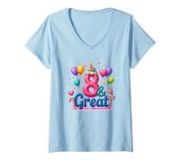 8 y Gran celebración de cumpleaños para los Amantes de los Unicornios mágicos Camiseta Cuello V, Mujer, Azul Bebé, XL